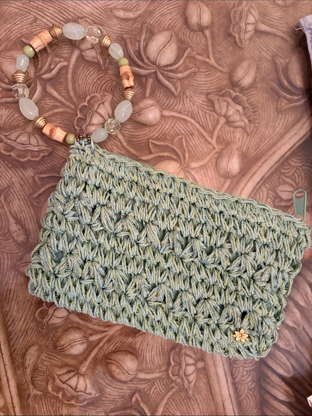 Capelli of New York Sage Green Crochet Wristlet with Beaded Strap